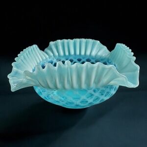 Fenton Bowl Blue Opalescent Glass Square Lattice Diamond Crimped Ruffled…